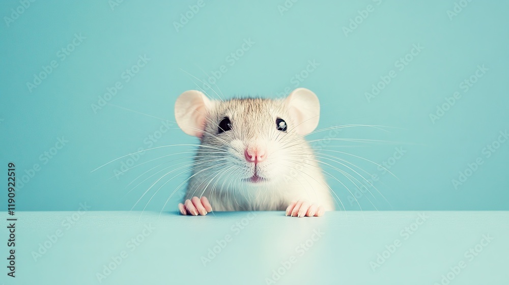 Cute rat peeking over light blue surface. Cute rat peeking over light blue surface.