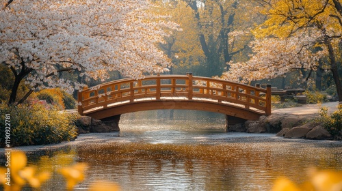 Tranquil wooden bridge over a serene pond surrounded by cherry blossoms on a ...