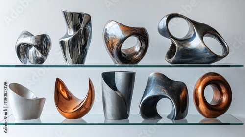 Unique abstract sculptures displayed on glass shelves in an artistic setting