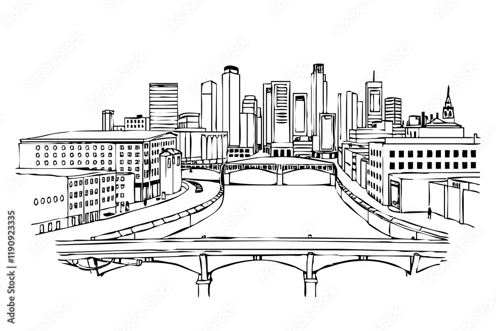 Obraz premium Black and white illustration. City Architecture. Black line art on a white background.