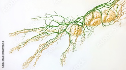 Diagram of the human lymphatic system, showcasing the intricate network of vessels and nodes responsible for immune response and fluid balance in the body. Essential for understanding health and disea