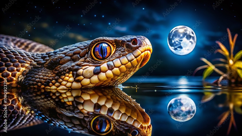 Fototapeta premium Night Lake Water Moccasin - Dangerous Reptile in Dark Waters