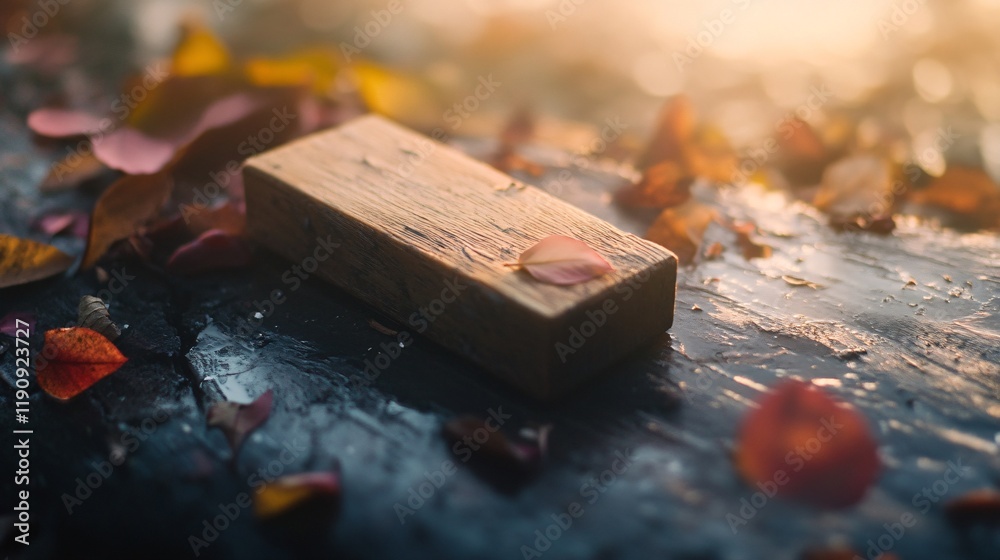 Empty wooden block displaying products on table with autumn leaves at sunset Empty wooden block displaying products on table with autumn leaves at sunset