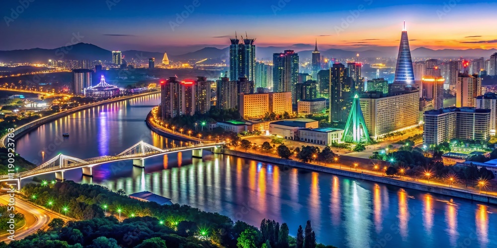Fototapeta premium Night Lights Illuminate Pyongyang Cityscape, North Korea - Stunning Panoramic View