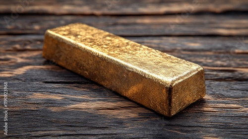Gold bar resting on a wooden surface with a blurred background in a well-lit ...