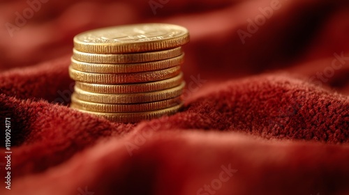Coins stacked neatly on rich red fabric create an elegant display of wealth a...