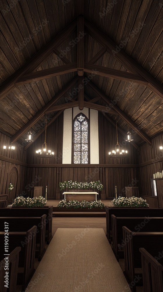 Fototapeta premium Rustic Chapel Interior with Floral Decorations and Wooden Beams for Serene Celebrations