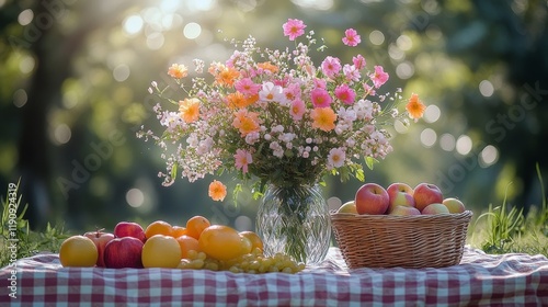 Colorful summer flowers and fresh apples in a picnic setting under sunlight