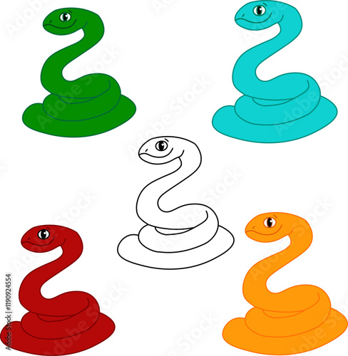 Cute graphic line snake in four colors. Colorful suffocating reptile. Chinese New Year symbol. Funny snake character isolated on white background. Vector illustration for card, sticker, calendar