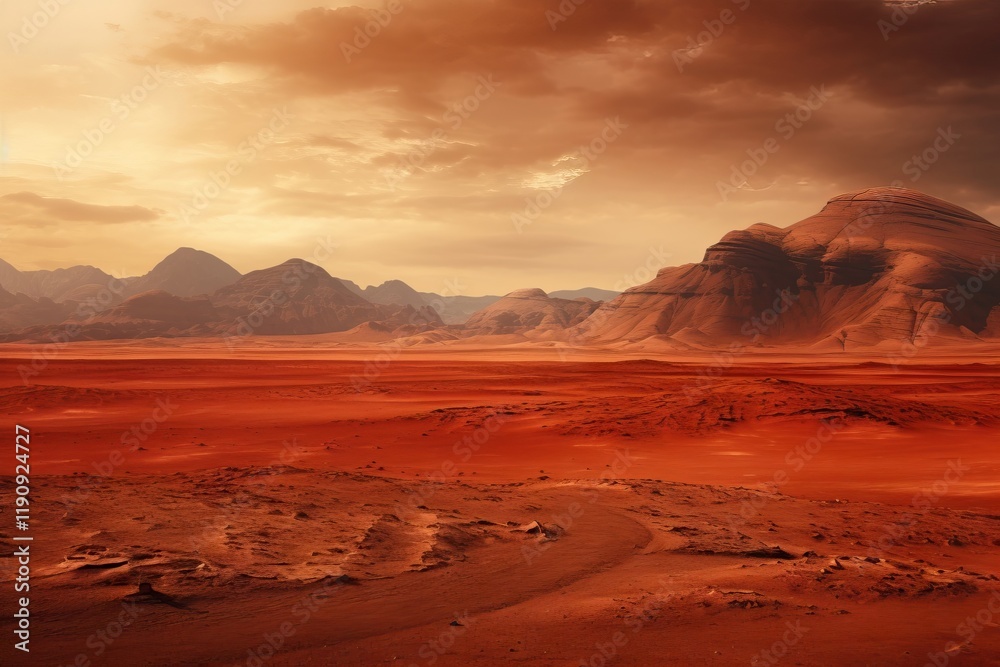 Naklejka premium Red planet Mars with rocky landscape. Space technologies, space exploration and travel. Futuristic and sci-fi concept. Life on Mars. World Space Week, International Day of Human Space Flight