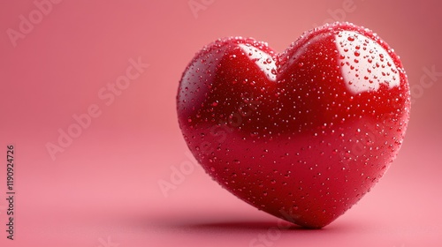 Red heart shape with water droplets on a smooth surface reflecting light in a soft-focused background valentine day