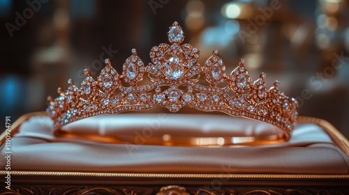 Elegant tiara adorned with sparkling jewels displayed on a plush cushion in a...