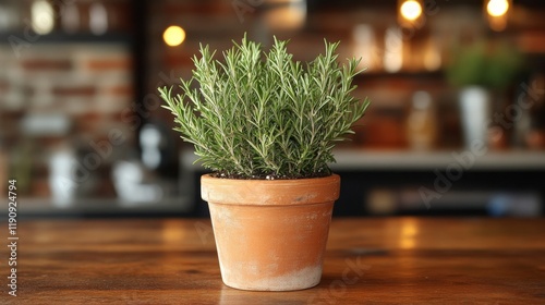 Fresh rosemary plant in a rustic pot on a wooden kitchen table