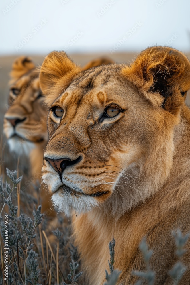 Fototapeta premium Majestic close-up of a pair of lions in their natural habitat, exuding power and grace. The lions are surrounded by the natural flora of the savannah under a serene sky.