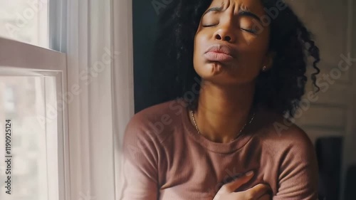 Young woman suffering from strong stomach ache at home
