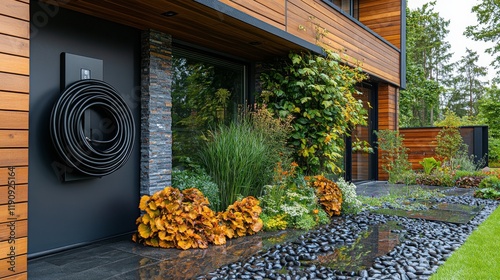Garden hose reel in a beautifully landscaped backyard during a sunny afternoon
