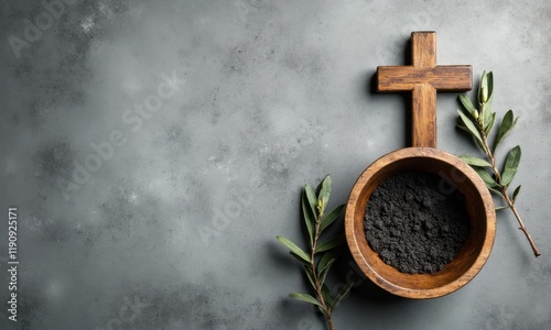 Ceremonial Ash Bowl and Wooden Cross Symbolizing Ash Wednesday and the Start of Lent During a Solemn Religious Observance