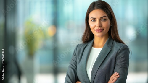 A confident woman in a professional setting, wearing a blazer, poses with arms crossed, exuding leadership and poise in a modern office environment. Free Download A confident woman in a professional setting, wearing a blazer, poses with arms crossed, exuding leadership and poise in a modern office environment. - GFXLoad