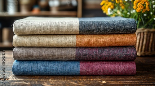 Stacked colorful linen napkins neatly arranged on a wooden table near a window