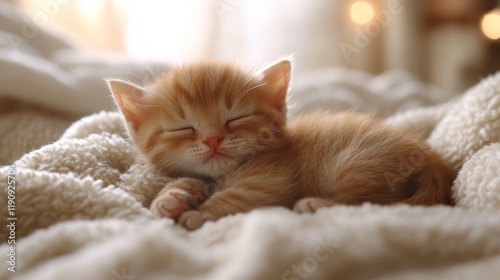 Cute kitten sleeping peacefully on a cozy blanket in a warm indoor setting