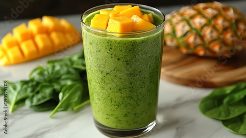 Fresh green smoothie with mango and pineapple on a wooden table