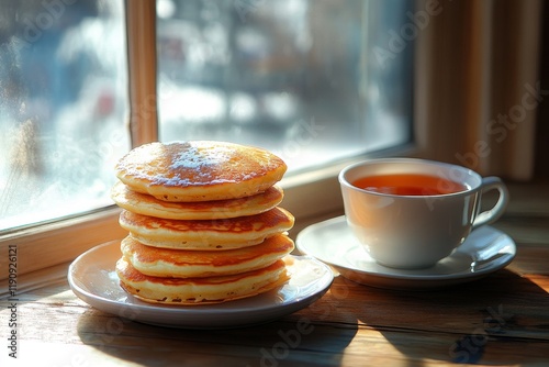 Fluffy pancakes served with a warm cup of tea in a cozy morning setting