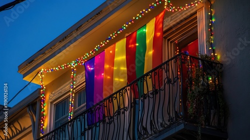 Illuminated rainbow flag on balcony at night.