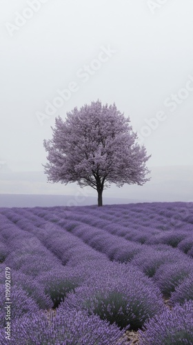 Vibrant lavender field under a colorful sunset with a lone tree on a hill