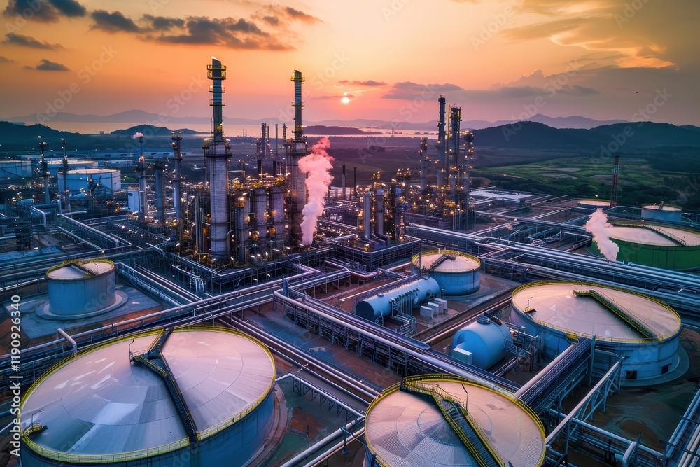 Aerial view of an industrial complex at sunset, showcasing smokestacks and storage tanks.