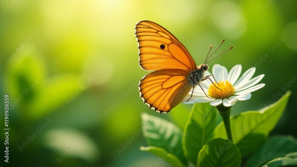 A vibrant orange butterfly perched on a white daisy, surrounded by a soft, green background. Perfect for nature, spring, and wildlife themes. A vibrant orange butterfly perched on a white daisy, surrounded by a soft, green background. Perfect for nature, spring, and wildlife themes.