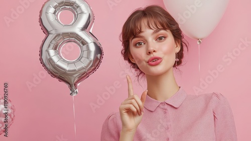 Young female celebrating 8th birthday with balloons in pink setting photo