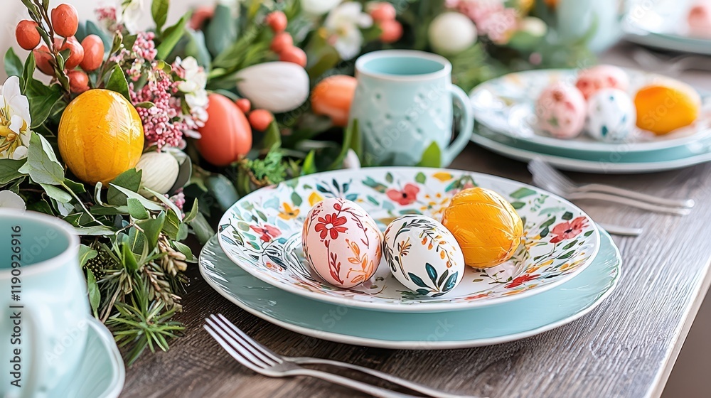 Charming Handmade Easter Brunch Table Setting with Colorful Decor and Fresh Floral Arrangements Charming Handmade Easter Brunch Table Setting with Colorful Decor and Fresh Floral Arrangements