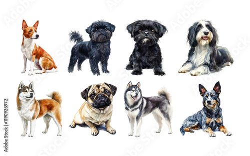Vibrant dog portraits including huskies and pugs on transparent background
