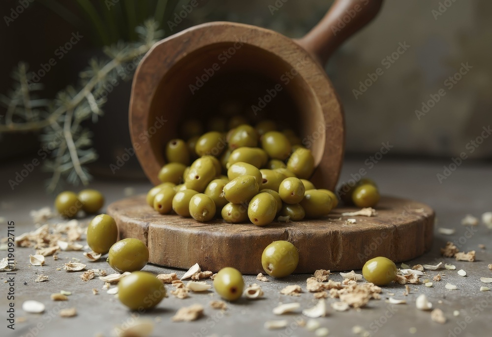 Green Olives Spilling From Wooden Bowl Onto Rustic Wooden Surface With Crushed Shells Scattered Around Green Olives Spilling From Wooden Bowl Onto Rustic Wooden Surface With Crushed Shells Scattered Around