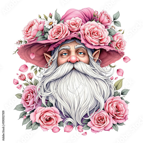 Whimsical gnome surrounded by blooming pink roses for valentine on transparent background