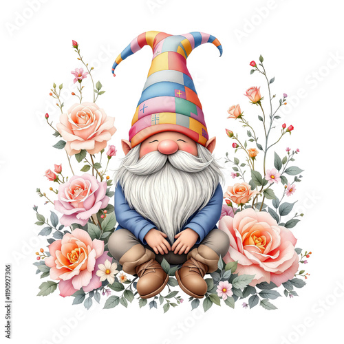 Adorable gnome surrounded by pastel roses for valentine on transparent background