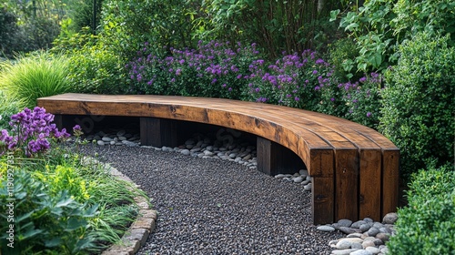 Elegant outdoor bench in a serene garden at sunset near modern architecture