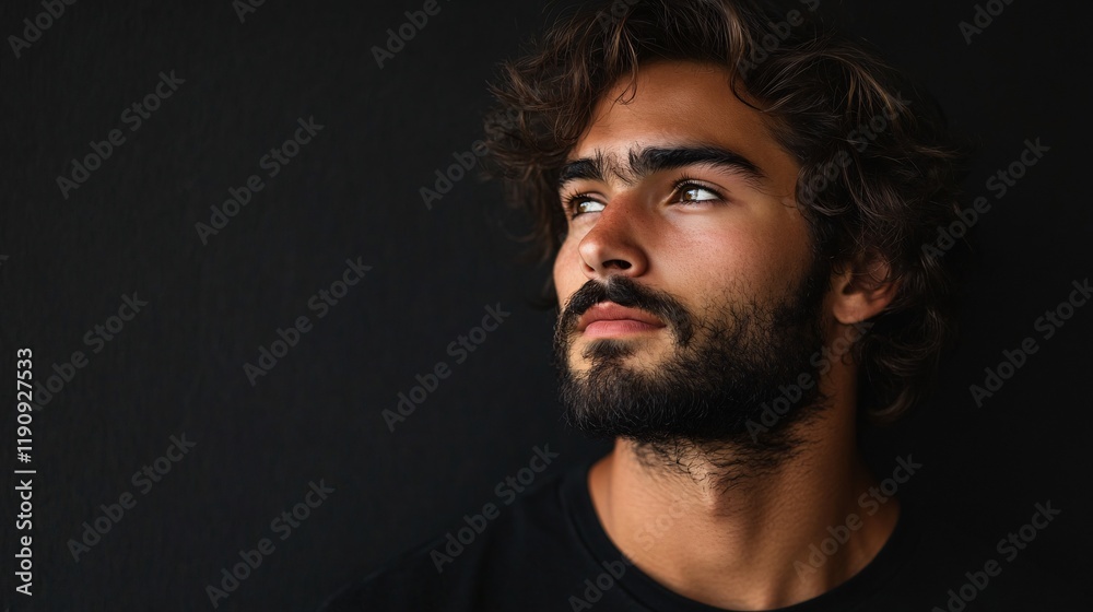 Handsome bearded man looking up on dark background Handsome bearded man looking up on dark background