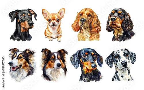 Artistic depiction of diverse dog breeds in vibrant watercolor on transparent background