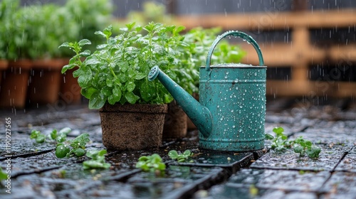 Watering plants in a lush garden on a rainy day with a blue watering can