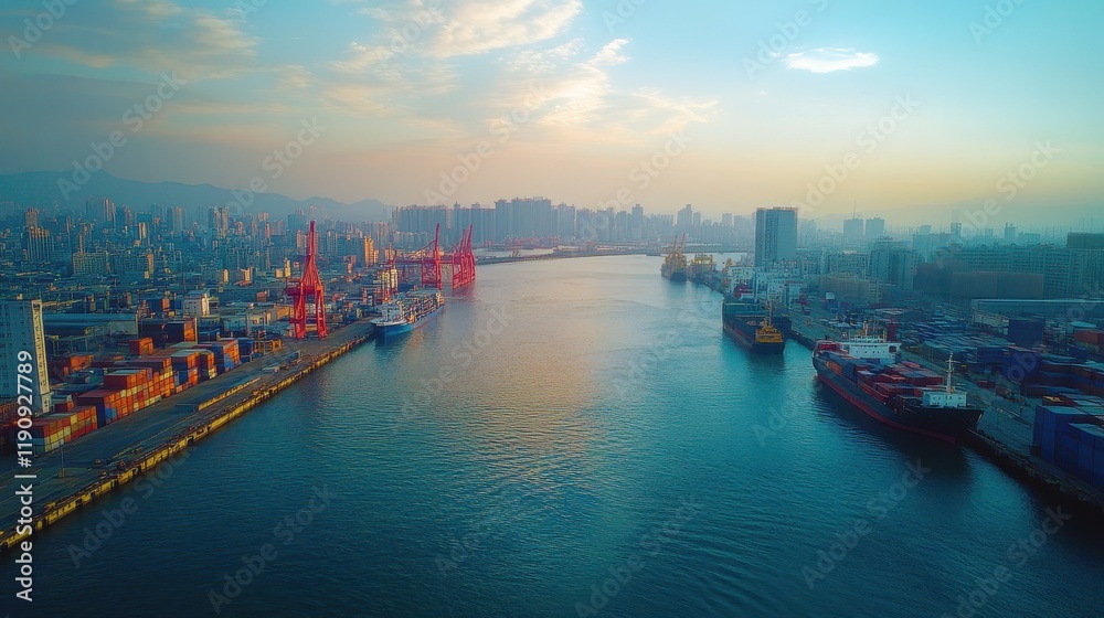 Aerial view of bustling cargo port with ships and cityscape at sunset Aerial view of bustling cargo port with ships and cityscape at sunset