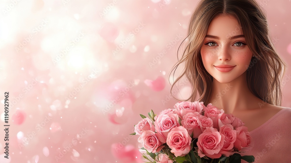 Young woman with bouquet of pink roses against blurred background Young woman with bouquet of pink roses against blurred background