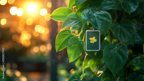 Green leaves climbing along a wall in a bright indoor setting with natural li...