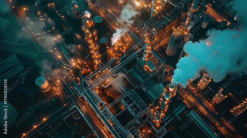 Obraz premium Aerial view of an industrial complex with smokestacks and illuminated structures at night.
