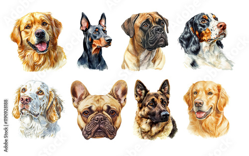 Collection of different dog breeds illustrated in watercolor style on transparent background