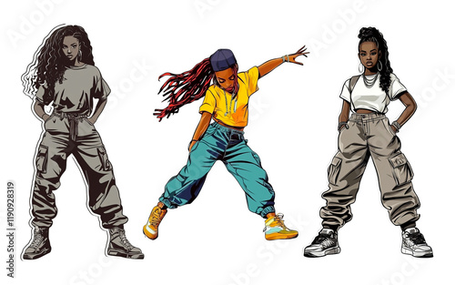 Confident street dancers in urban fashion poses on transparent background