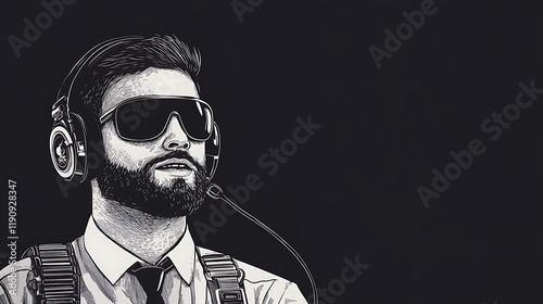 Professional Pilot in Headset Preparing to Make an Important Announcement with Confident Expression Against a Dark Background
