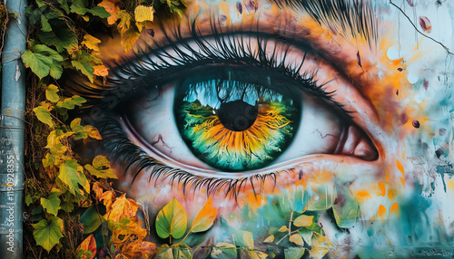 Captivating Abstract Eye Design Featuring Fall Leaves and Vibrant Colors