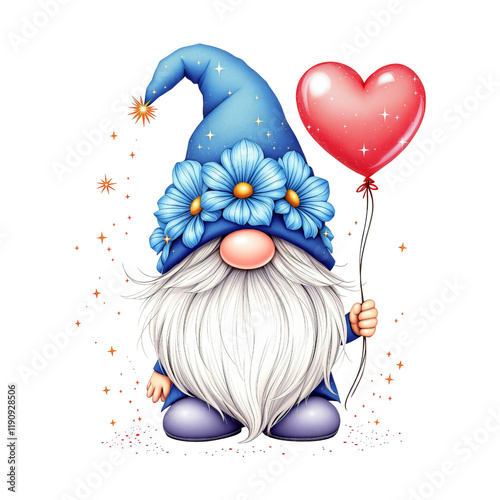 Cute gnome with floral hat and valentine heart balloon on transparent background