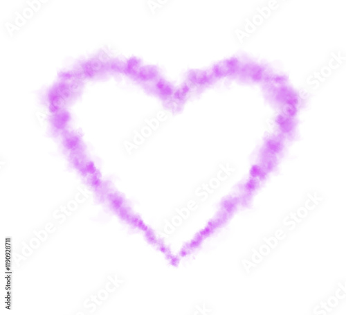 Realistic smoky purple fluffy heart shaped cloud on transparent background. Romantic golden translucent smoke floating in the shape of a heart. PNG. 